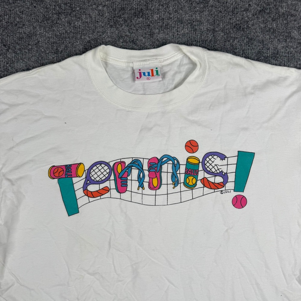 Juli T-Shirt Mens XL White Tennis Graphic Cotton Vintage USA Made Short Sleeve